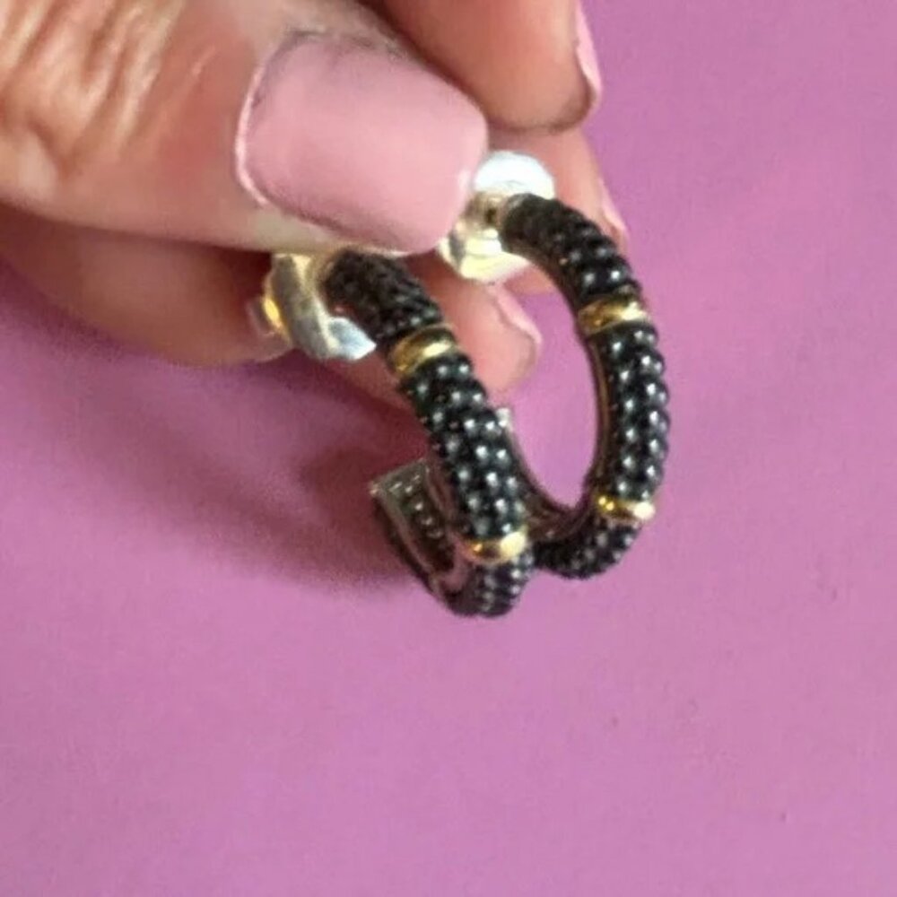 LAGOS Black and Silver Textured Hoop Earrings